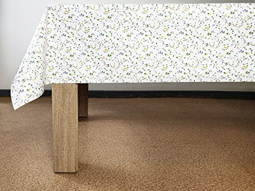 DecoMeister Wachstuchtischdecke 140x100 cm - Wachstischdecke abwaschbar und wetterfest - Meterware Wachstuch mit Vliesrücken - Outdoor Tischdecke für Küche und Garten - Kleine Grüne Blüten