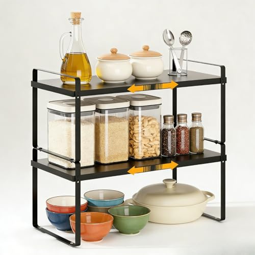 Topnewhome 2er Set Erweiterbares Schrankregal,Metall Küchenregal,Schrank-Organizer, Gewürzhalter, Küche, kleines Regal, stapelbar, Tisch-Organizer,Schwarz