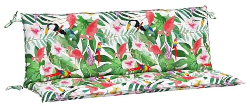 Foknhdi Gartenbankauflage 150x50 cm 2-teilig bunt mit Blättern & Vögeln aus 100% Polyester wasserabweisend mit 4 Befestigungsbändern rutschfest & UV-stabil für Balkon Terrasse Bank Stuhl