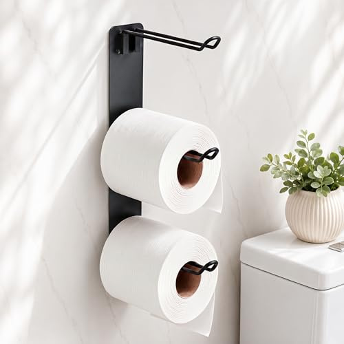Cubbiesavor Toilet Roll Holder Wall Mounted,Self Adhesive Toilet Paper Holder with 3 Roll Capacity, No Drill Stick On Tissue Holder for Bathroom, Fits Regular to Mega Rolls,Matte Black