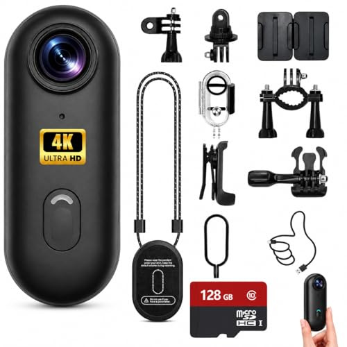 4K Mini Action Camera, Portable Vlogging Camera with 64GB/128GB Card, Wearable Body Cam with WiFi App Control, 4K Recording, Waterproof Case, Helmet & Bike Mount (4K Premium Kit + 128GB Memory Card)