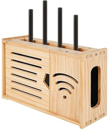 Minifactory Wall-Mounted Wooden WiFi Router Storage Box with Cable Management Heat Dissipation Holes & Foldable Lid - Hidden Shelf for Router Modem Set-Top Box Living Room/Office Organizer