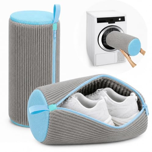 2 sacchetti spessi per scarpe con tasca esterna a rete – riutilizzabili per lavatrice/asciugatrice, protezione 360° peluche per sneaker e scarpe sportive, ideale per dormitori e lavanderie (Grigio)