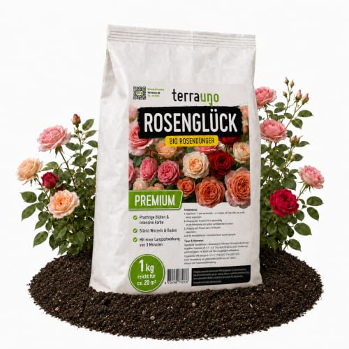 TerraUno Rosenglück Rosendünger Bio 1 kg, Rosen Dünger Langzeit für Beet-, Kletter- & Edelrosen, stärkt Wurzeln, für Prächtige Blüten & Intensive Farben, Organischer Blumendünger