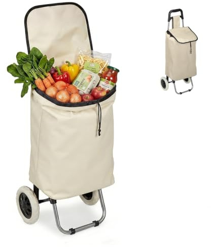 Relaxdays Einkaufstrolley klappbar, Abnehmbare Tasche 28 L, beige | Einkaufswagen mit Rollen HBT 92,5 x 42 x 28 cm
