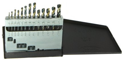 Drillco 350N Series Nitro 13 Piece High-Speed Steel Mechanics Length Drill Bit Set, Black and Gold Oxide Finish, Round with Flats Shank, Spiral Flute, 135 Degrees Split Point, 1/16 - 1/4 in 1/64 increments