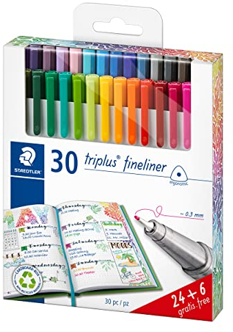 STAEDTLER 334 C30P Fineliner triplus (dreikant, Set mit 30 brillanten Farben, hohe Qualität Made in Germany, superfeine, metallgefasste Spitze, Linienbreite ca. 0,3 mm)