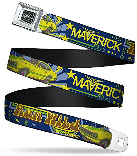 Buckle-Down Gürtel Emblem Seatbelt Belt-Vintage Ford Run WILD BE A Maverick Blues/Yellows, Mehrfarbig, 4 cm Breit-61/97 cm Länge