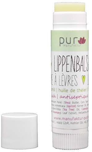 pur Manufaktur Bio-Lippenbalsam Stift, 6,5 g, mit ätherischen Ölen, Sheabutter und Jojobaöl (Teebaum), Feuchtigkeitsspendend