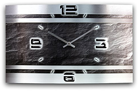 Kreative Feder Abstrakt - Designer-Wanduhr aus gebürstetem Aluminium Größe 50x30cm mit leisem Uhrwerk wahlweise Funk oder Quarz (Schiefer Metallic, leises Funkuhrwerk)