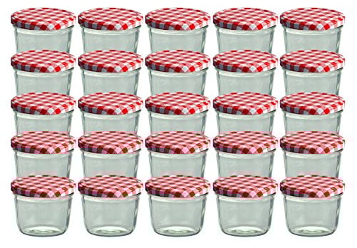 Cap+CroTo 82 Lot de 25 bocaux en Verre pour Conservation de Confiture Couvercles Rouges à Carreaux Capacité 230 ML