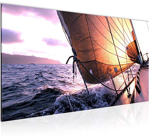 Runa Art Wandbild Wasser Boot 1 Teilig 100 x 40 cm Modern Bild auf Vlies Leinwand Landschaft Wohnzimmer Schlafzimmer Violett Lila 600912a