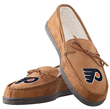 FOCO NHL Philadelphia Flyers Mens Team Logo Moccasin Slippers Shoes, Tan, Small (7-8)