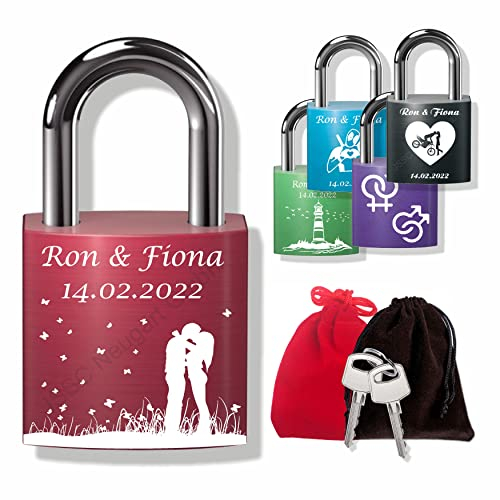 Liebesschloss mit Wunschgravur zum Valentinstag, Hochzeitstag, Jahrestag, Geburt; inkl. Gravur, optional mit Samtbeutel; Vorhangschloss aus eloxiertem Aluminium