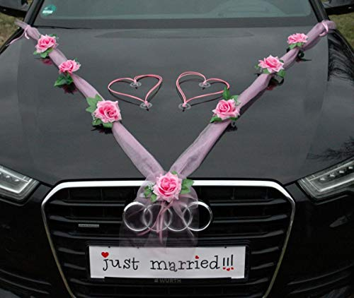 Rubans Organza M Autoschmuck -Rubans en organza pour décorer votre voiture lors d’un mariage - Rose - Avec cœurs Rosa / Rosa / Rosa
