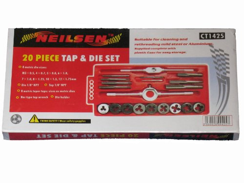Neilsen CT1425-20pc Tap and Die Set | M3 x 0.4 to M12 x 1.75mm | 1/8in NPT Tap and Die with Bar Type Tap Wrench | Die Holder | Ideal for Cutting and Repairing Metric and NPT Threads