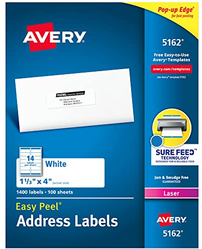 Avery Easy Peel Printable Address Labels with Sure Feed, 1-1/3 x 4, White, 1,400 Blank Mailing Labels for Laser Printers (5162)