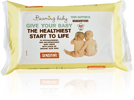 Beaming Baby Certified Organic, 100% Biodegradable Baby Wipes - 72 Wipes. Plastic Free, Hypoallergenic with Organic Aloe Vera. Naturally Gentle on Newborn Sensitive Skin. Recyclable Packaging