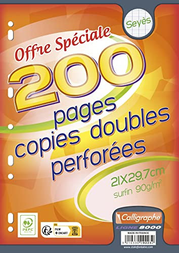 Calligraphe 9223C (gamme scolaire Clairefontaine) - Un paquet de copies doubles perforées sous film - A4 21x29,7 cm - 200 pages Grands carreaux - papier blanc 90g - Pour Classeur 32x26 cm minimum