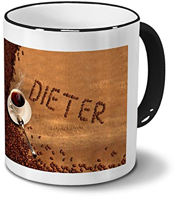 printplanet Tasse mit Namen Dieter - Motiv Kaffeebohnen - Namenstasse, Kaffeebecher, Mug, Becher, Kaffeetasse - Farbe Schwarz