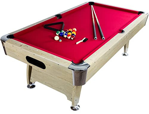 GAMES PLANET 8 ft Billardtisch Premium“ + Zubehör, 9 Farbvarianten, 244x132x82 cm (LxBxH), helles Holzdekor, rotes Tuch