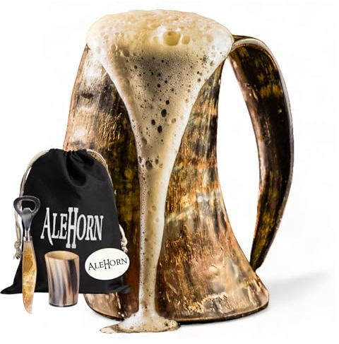 AleHorn Corne à boire – Tasse en corne de bœuf véritable pour bière et hydromel – Chope de style médiéval de qualité alimentaire – Chope de bière fabriquée à la main – Idée cadeau pour anniversaire,