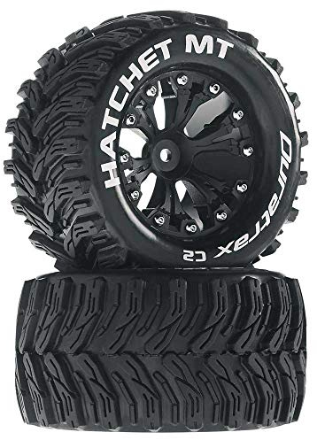DuraTrax Hatchet MT 2.8 1/10 RC Monster Truck Tires with Foam Inserts: C2 Soft, Mounted, 6-Spoke Rear Wheels, Black, Set of 2