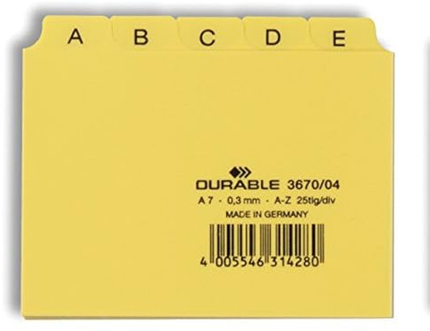 Durable Leitregister A - Z, A7 quer, 1 Stück, gelb, 367004 | Register aus Kunststoff für Karteikasten, 20-teilig, mit Taben A-Z, zur alphabetischen Sortierung von Karteikarten