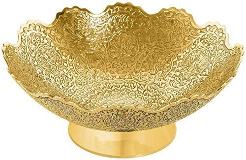 Zap Impex Pure Golden vergoldet Messing Deko Schale Obstschale Carving Arbeit – Größe 22,9 cm Schöner Pfau Design Geschirr Geschenk