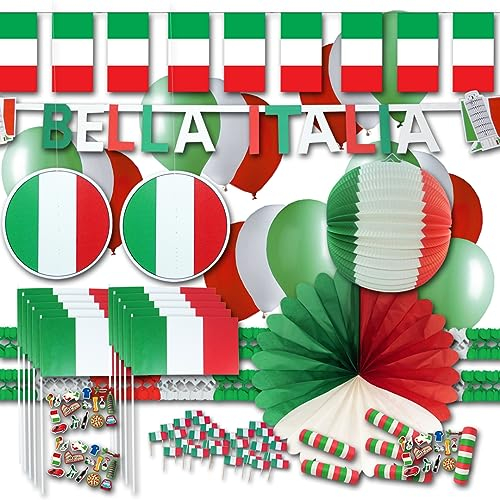 Italien Deko Set groß – Partydeko Italien Flagge mit Girlanden, Rosette, Fahnenkette, Luftballons, Lampion, Bella Italia Buchstabenkette, Tischdeko, Fähnchen & Luftschlangen
