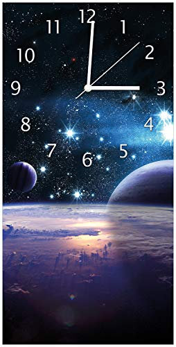 Wallario Design-Wanduhr, Acrylglasuhr Größe 30 x 60 cm, weiße Zeiger, Motiv Planeten im Weltall