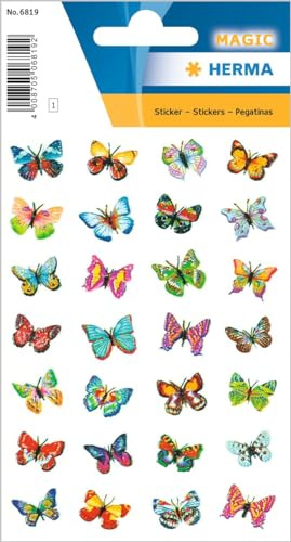 HERMA 6819 Glitter Film Stickers for Children, Butterflies (32 Stickers, Foil, Glittery) Self-Adhesive, Permanent Adhesive Motif Labels for Girls and Boys, Colourful
