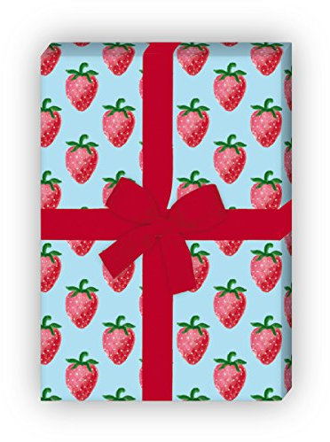 Kartenkaufrausch 4 Bögen - Leckeres Sommer Geschenkpapier Set mit Erdbeeren für tolle Geschenk Verpackung, Musterpapier, Dekorpapier zum basteln 32 x 48cm, auf hellblau
