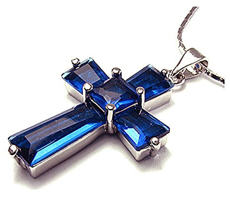 Rizilia Kruzifix Kreuz Anhänger mit 45cm(18) Kette & Trapez Quadrat Schnitt Edelstein Zirkonia CZ [Blau Saphir] in 18K Weißgold Vergoldet, Einfache Moderne Eleganz