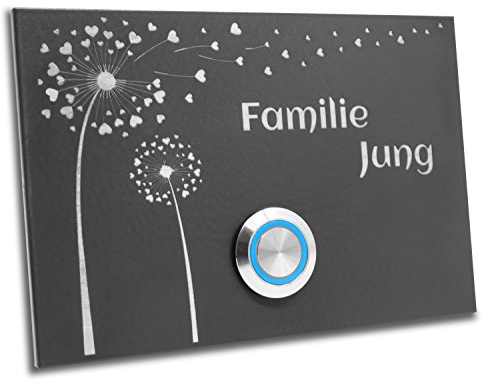 Jung Edelstahl Design Türklingel London 2 anthrazit RAL7016 pulverbeschichtet | Motiv Pusteblume Klingelschild 12 X 8 cm | Haustürklingel V2A Edelstahl LED Taster (blau)