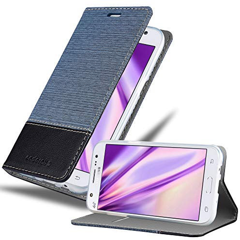 Cadorabo Hülle kompatibel mit Samsung Galaxy J5 2015 aus Jeans und Kunst Leder Flip Klappbare Stoßfeste Magnetische [Standfunktion] [Kartenfächern] Cover Hülle für Galaxy J5 2015 Tasche in Blau