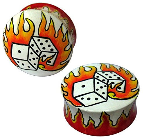 CHICNET Holz Plug Tunnel Unisex Ohrschmuck Teakholz Ohrstecker Ohrringe Würfel Flammen rot weiß Expander 22 mm