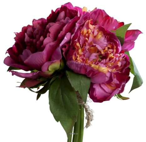 Artificielles.com - Bouquet de 3 Pivoines Fuchsia épanouies factices Corde & feuille H26cm - couleur: Rose fushia 730