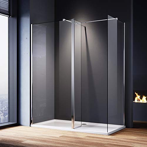 ELEGANT 1700 x 700 mm Walk in Shower Enclosure 8mm Easy Clean Glass 900mm Wetroom Shower Glass with Side Panel and Shower Tray and 300mm Flipper Panel
