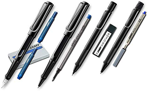 Lamy Safari Set [Füller + Kugelschreiber + Tintenroller + Bleistift] (inkl. Ersatzminen + Patronen, Schwarz - Black)