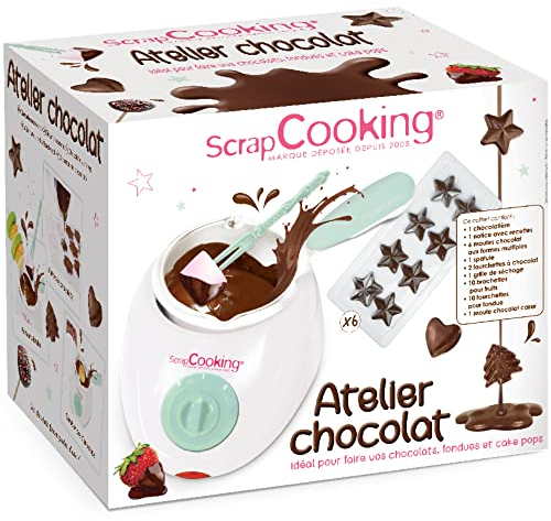 ScrapCooking - Schokofondue mit 33 Zubehör - Schokobrunnen - Set für die Herstellung von Hausgemachten Schokoladen, Crêpes, Waffeln und Partys - Mit Formen - Weiß & Wassergrün