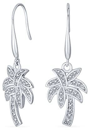 Nautical Bech Vacation Pave CZ Cubic Zirconia Hawaiian Palm Tree Dangle Earrings For Women Teen .925 Sterling Silver French Hook