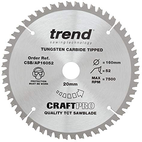 Trend Aluminium & Plastic Circular Saw Blade, 160mm Diameter, 20mm Bore, 52 Teeth, 2.2mm Kerf, -6° Hook, TCT, Extra-Fine Finish, CSB/AP16052