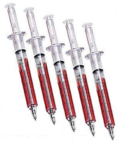 5 Double Value Novelty Blood Syringe Pens with extra refills. Double value double life. Great Stocking filler
