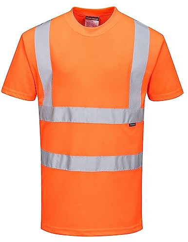Portwest RT23 Hi Vis Short Sleeve Work Safety T Shirt Orange Breathable Crew Neck Reflective High Visibility Rail Workwear, Medium