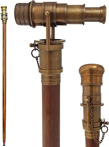 Hermoso acabado antiguo náuticas telescopio bastón de madera bastón con telescopio de latón mango