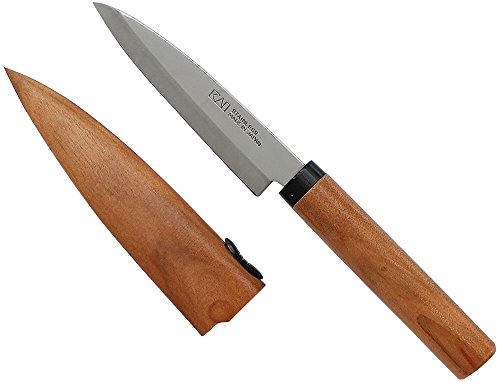 KAI Select Cuchillo para frutas con funda de madera y mango de madera de cerezo - Acero inoxidable SUS420J2 - Longitud de hoja 9 cm, longitud total 20,5 cm - Cuchillo multiusos para pelar y frutas