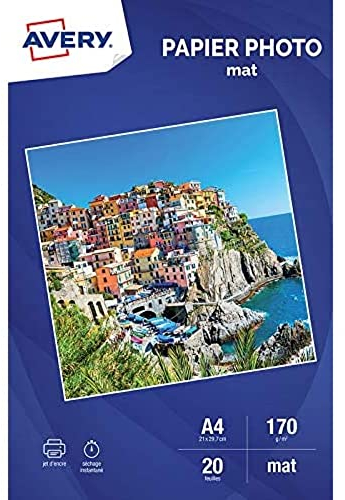 AVERY - 20 feuilles de papier photo 170g/m² mat. Format A4. Impression jet d'encre.