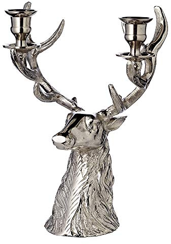 EDZARD Kerzenleuchter Hirsch (H 33 cm) in Silber-Optik - Kerzenhalter für Stabkerzen - Deko Tischdeko, Rentierfigur als Geschenk