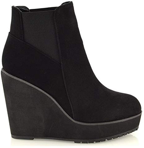 ESSEX GLAM New Womens Wedge Heel Chelsea Chunky Cleated Platform Ladies Ankle Boots Shoes Size 3 4 5 6 7 8 (UK 7 / EU 40 / US 9, Black Faux Suede)